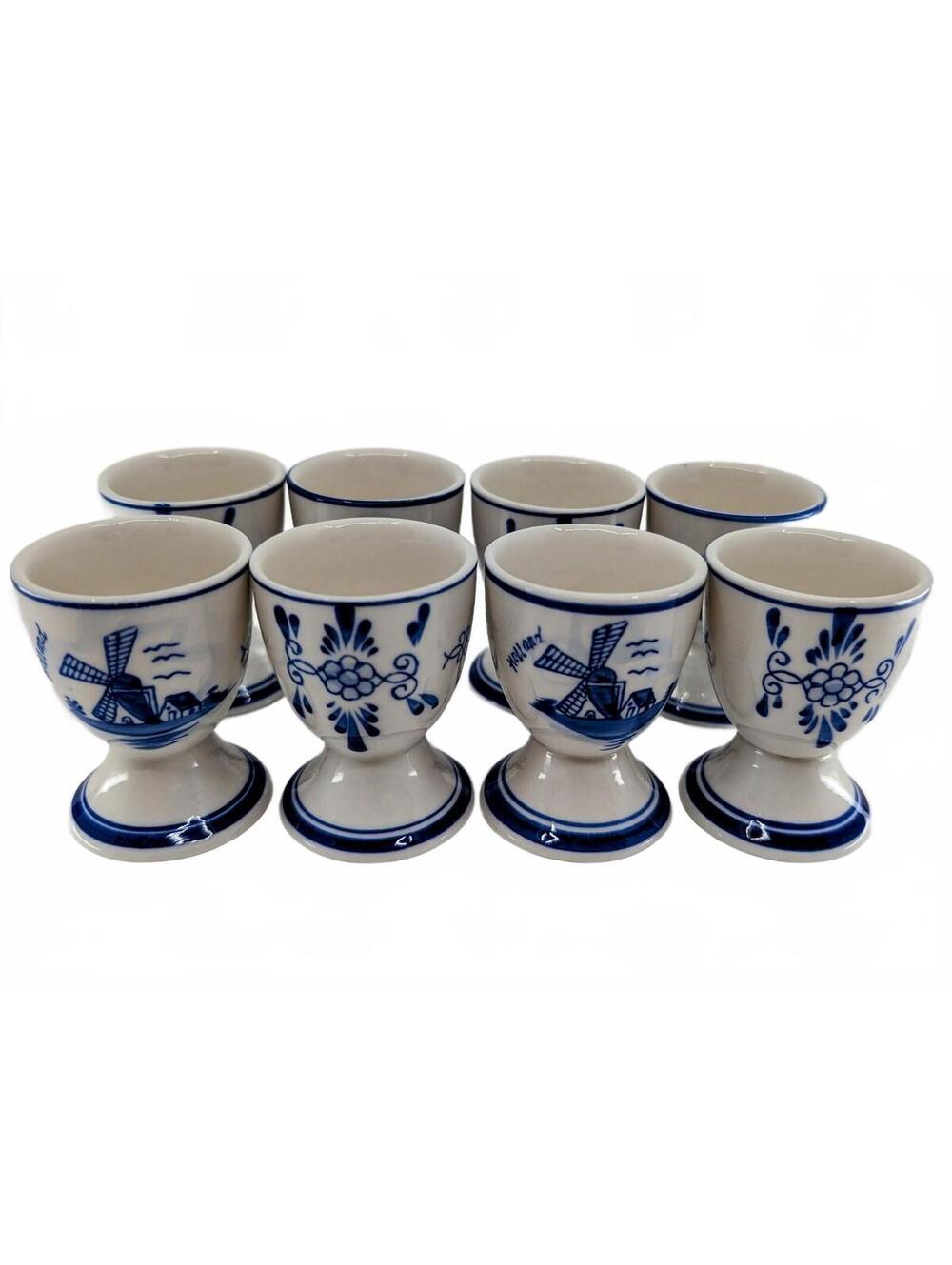 Vintage E&H Delft Blue Egg Cups Set of 8 Hand Painted Holland Windmill Floral